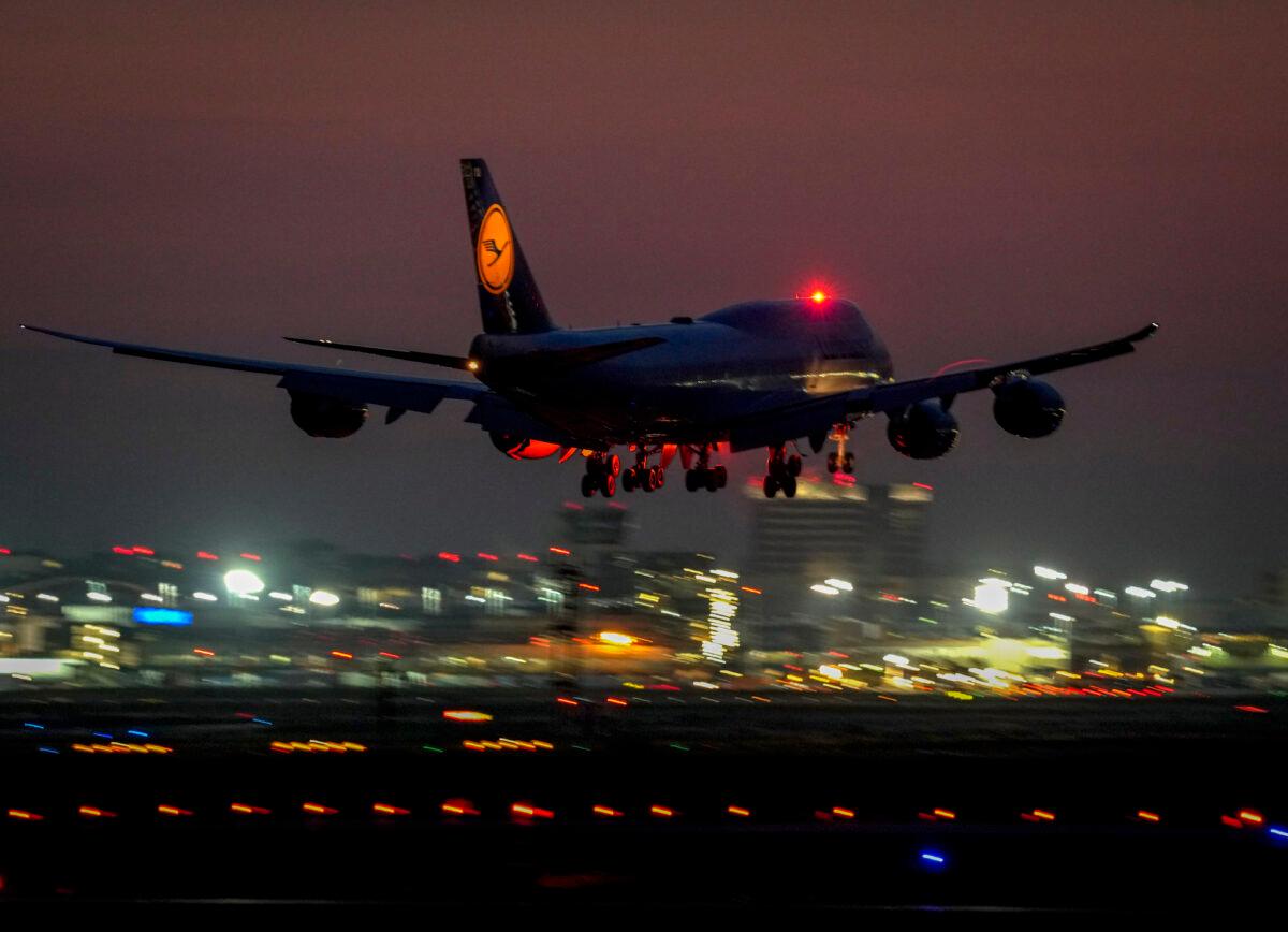 A Lufthansa Boeing 747 aircraft approaches the international airport in Frankfurt, Germany, on Aug. 13, 2021. (Michael Probst/AP Photo)