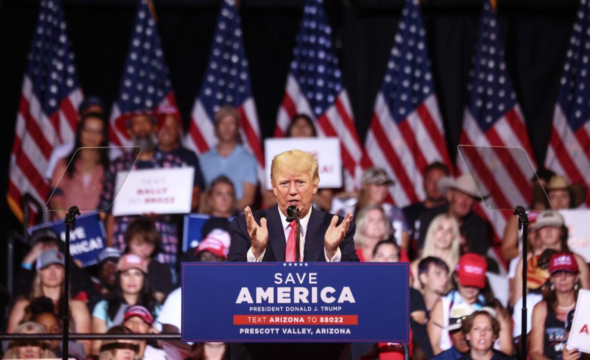 Former President Donald Trump gestures at a rally in Prescott Valley, Ariz., on July 22, 2022. (Mario Tama/Getty Images)