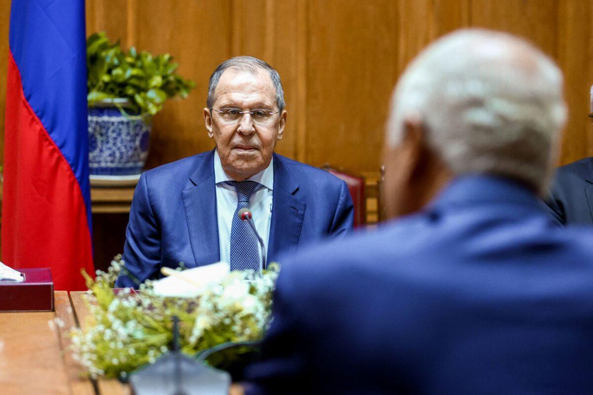 Russian Foreign Minister Sergei Lavrov attends a meeting with Arab League Secretary-General Ahmed Aboul Gheit in Cairo, Egypt, on July 24, 2022. (Russian Foreign Ministry/Handout via Reuters)