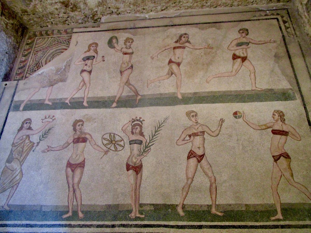 Mosaics depicting acrobats can be seen at Villa Romana del Casale, near Piazza Armerina, Sicily. (Photo courtesy of Barbara Selwitz)