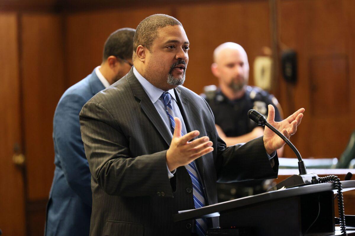 Manhattan District Attorney Alvin L. Bragg, Jr. speaks during a press conference regarding Steven Lopez and the Central Park jogger case at the state Supreme Court in New York on July 25, 2022. (Michael M. Santiago/Getty Images)