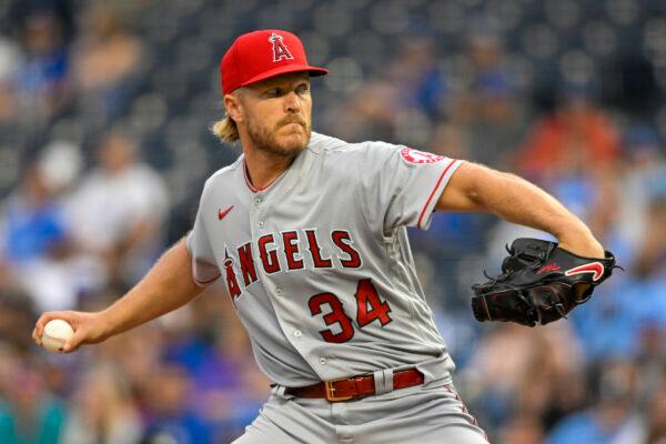 Los Angeles Angels starting pitcher Noah Syndergaard delivers to a Kansas City Royals batter during the first inning of a baseball game, in Kansas City, Mo., on Monday, July 25, 2022. (Reed Hoffmann/AP Photos)
