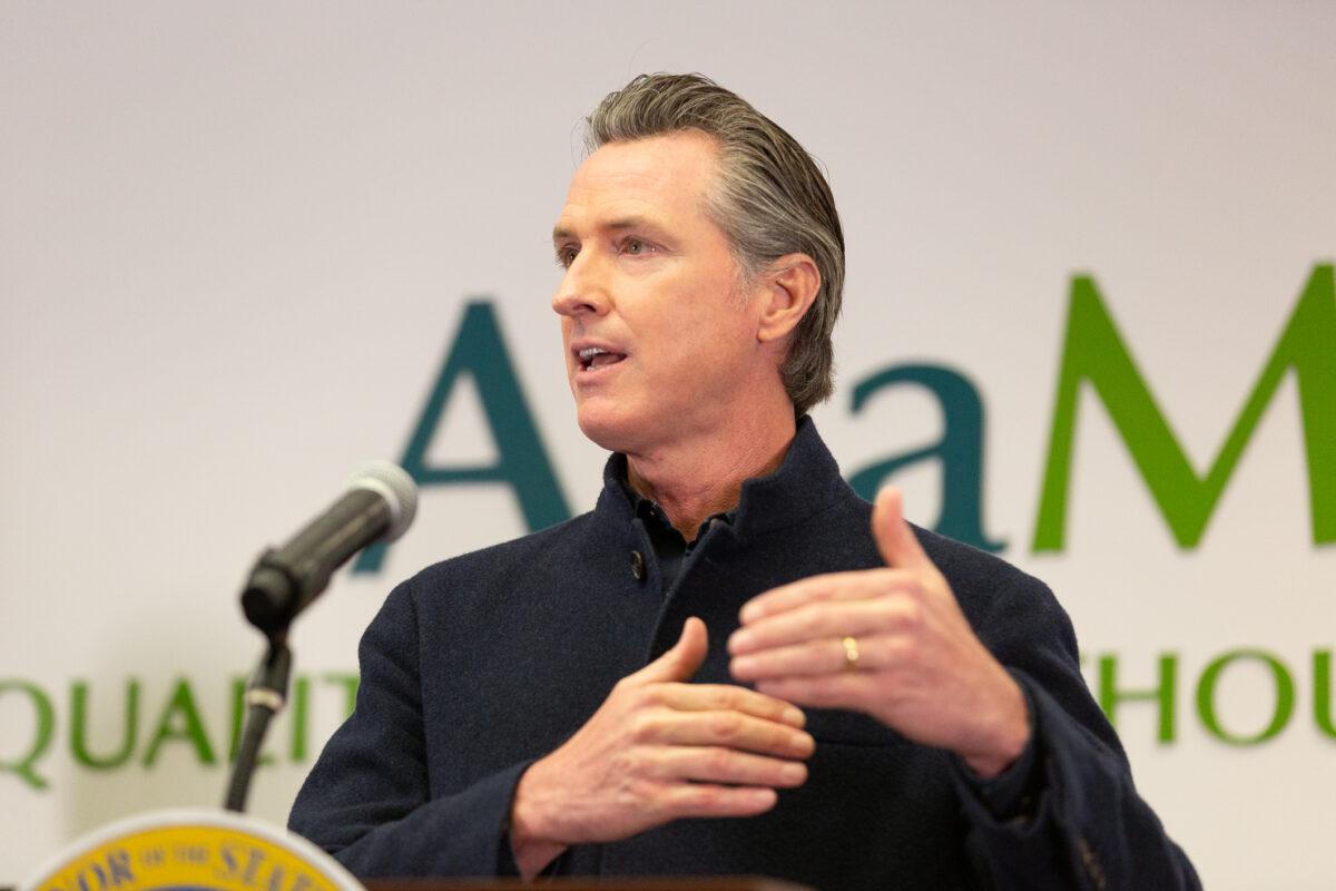 Governor Gavin Newsom speaks to reporters at AltaMed Urgent Care in Santa Ana, Calif., on March 25, 2021. (John Fredricks/The Epoch Times)