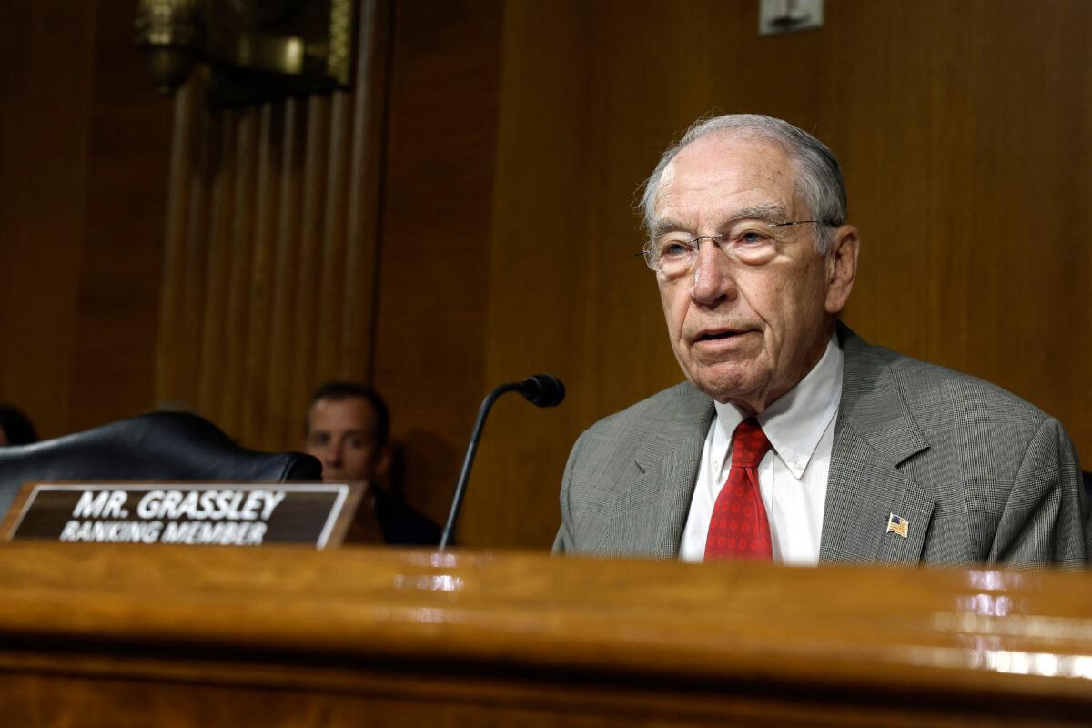 Senate Judiciary Ranking Member Chuck Grassley (R-Iowa) speaks at a hearing with the Senate Judiciary Committee in the Dirksen Senate Office Building in Washington on July 12, 2022. (Anna Moneymaker/Getty Images)