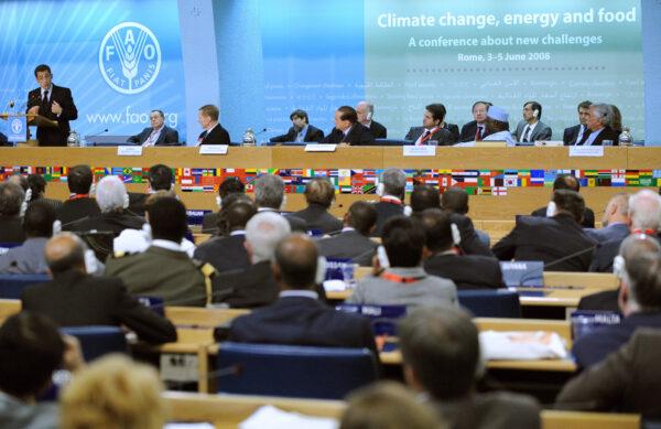 Then-French President Nicolas Sarkozy (L) gives a speech during a three-day summit on food security at U.N. Food and Agriculture Organisation (FAO) in Rome on June 3, 2008. (CHRISTOPHE SIMON/AFP via Getty Images)