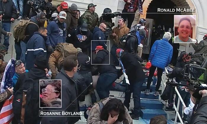 Ronald McAbee renders aid to a pulseless Rosanne Boyland outside the Lower West Terrace tunnel at the U.S. Capitol on January 6, 2021. (Graphic by The Epoch Times)