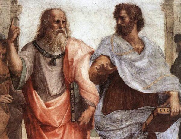 Plato (L) and Aristotle, detail from "School of Athens" by Raphael. (Public Domain)