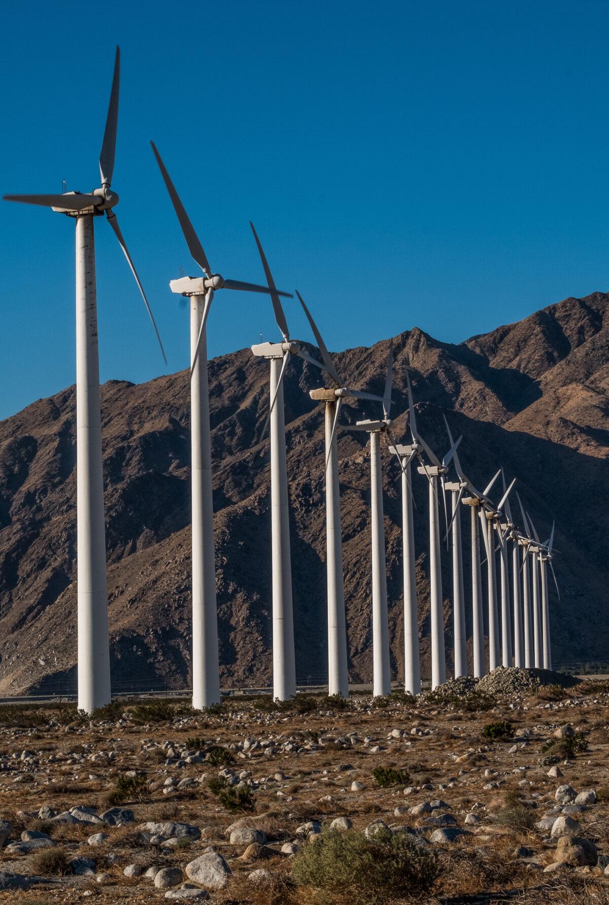 A wind farm outside of Palm Springs, Calif., on May 26, 2022. (John Fredricks/The Epoch Times)