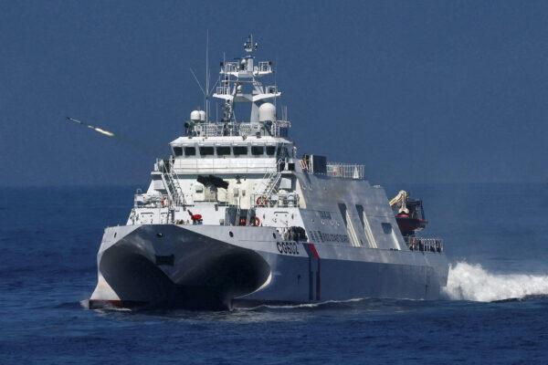 Anping-class offshore patrol vessel fires a JhenHai remote rocket as part of Taiwan's main annual "Han Kuang" exercises off Taiwan's northeastern coast, in Yilan, Taiwan, on July 26, 2022. (Ann Wang/Reuters)