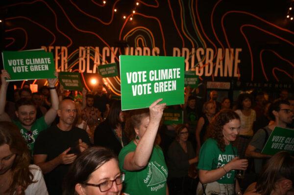 Party supporters attend the Greens national campaign launch at Black Hops Brewery on May 16, 2022 in Brisbane, Australia. (Photo by Dan Peled/Getty Images)