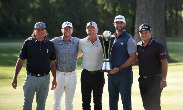 (L-R) Pat Perez, LIV Golf commissioner Greg Norman, Talor Gooch, Dustin Johnson, and Patrick Reed pose with the trophy after winning the team title at the LIV Golf Invitational - Portland at Pumpkin Ridge Golf Club, in North Plains, Oregon, on July 02, 2022. (Steve Dykes/Getty Images)