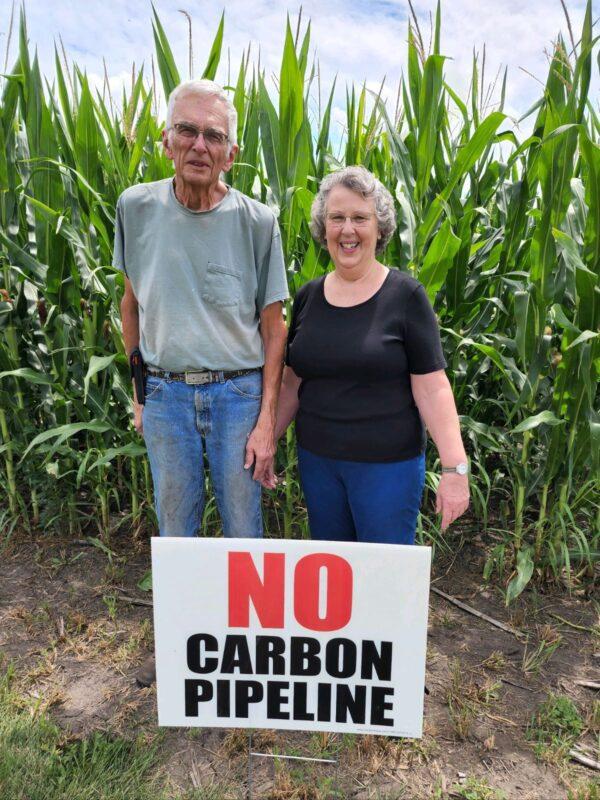 Raymond and Kathy Stockdale of Hardin County, Iowa, have requests from two companies for two easements through their farm. They have posted signs announcing their position, “No Carbon Pipeline.” (Courtesy Kathy Stockdale)