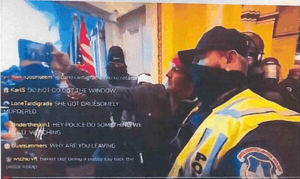 Screenshot from footage filmed on Jan. 6, 2021, and posted to social media by journalist Timothy Burke. (U.S. Capitol Police)