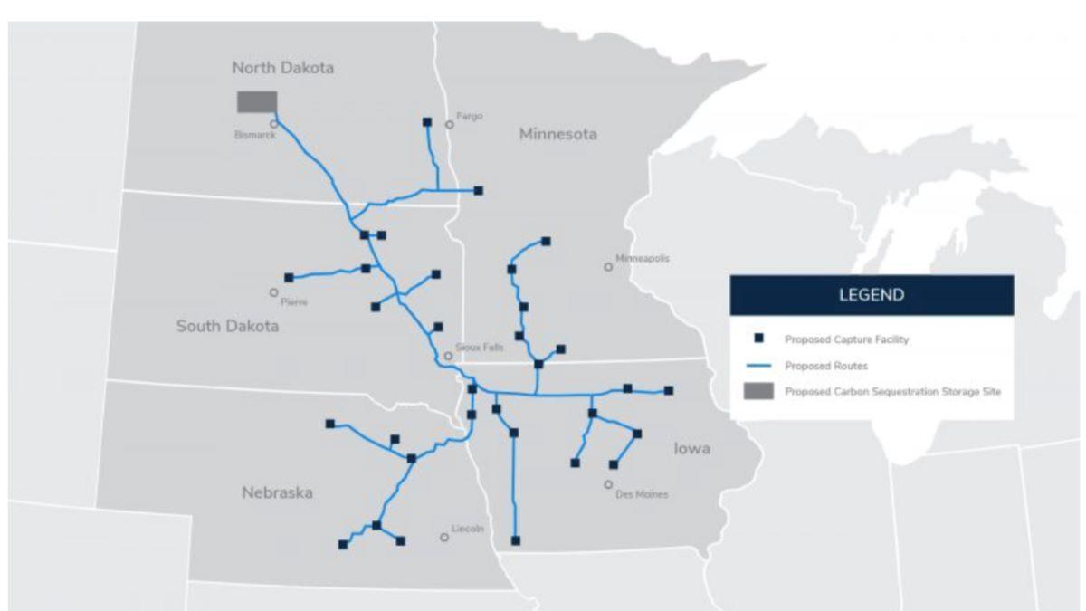 The Midwest Carbon Express is a 2,000-mile web of carbon-capture pipelines proposed by Summit Carbon Solutions. (Courtesy of Summit Carbon Solutions)