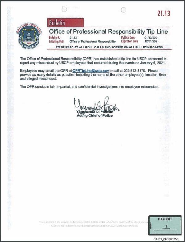 Bulletin No. 21.13, published Jan. 13, 2021, announced the establishment of the Office of Professional Responsibility Tip Line encouraging U.S. Capitol Police personnel to "report any misconduct by USCP employees that occurred during the events on Janury 6, 2021." (U.S. Capitol Police)