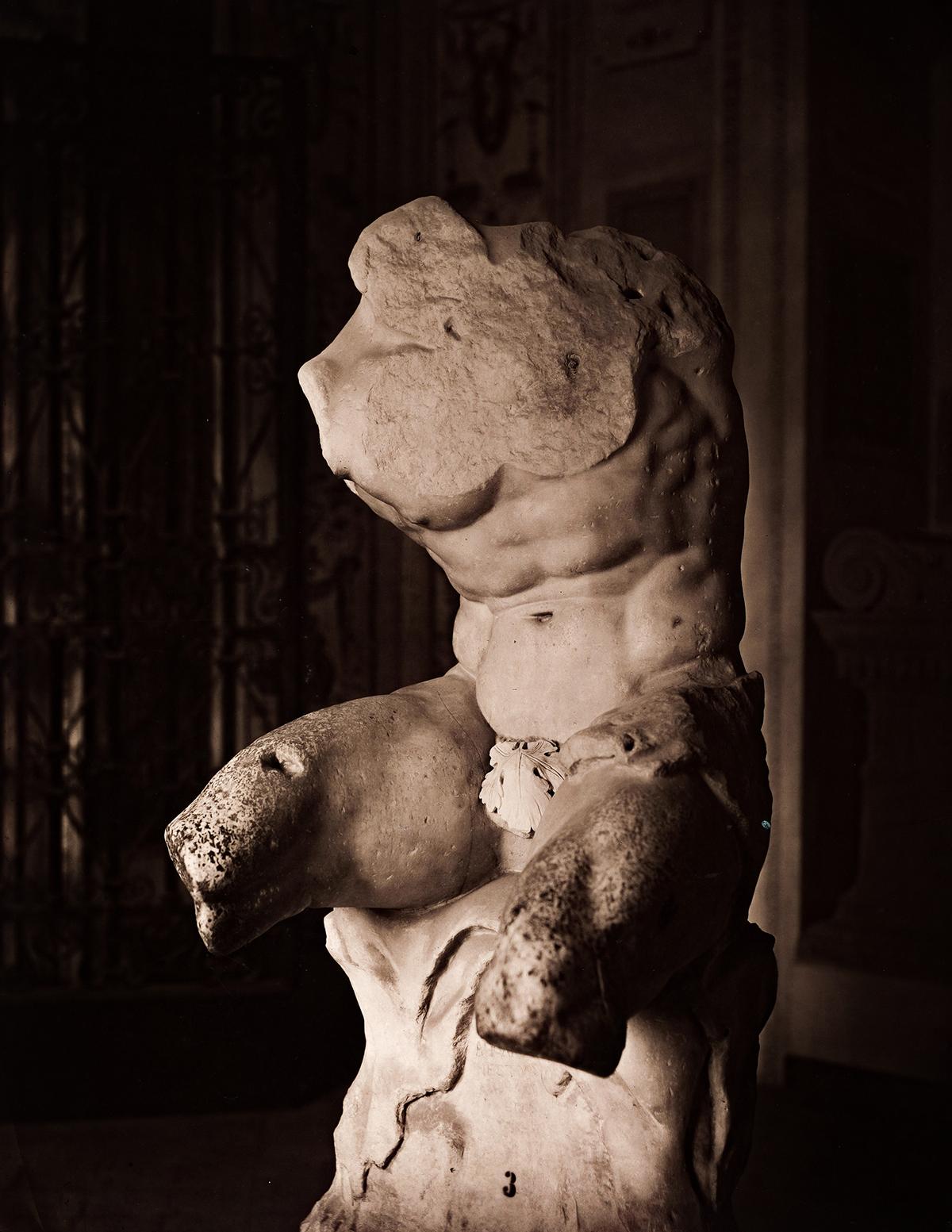 The fragmentary marble statue of the "Belvedere Torso," circa 1430, signed at the base "Apollonios, son of Nestor, Athenian" on view at the Vatican Museums in Rome. Photograph taken by Adolphe Braun in 1869. Rijksmuseum, Amsterdam. (Public Domain)