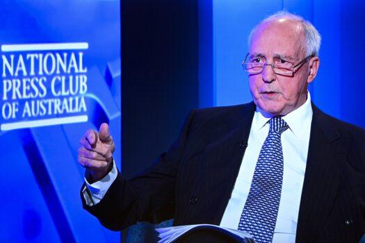 Former Prime Minister Paul Keating appears virtually to address the National Press Club in Canberra, Australia, Nov. 10, 2021. (AAP Image/Lukas Coch)
