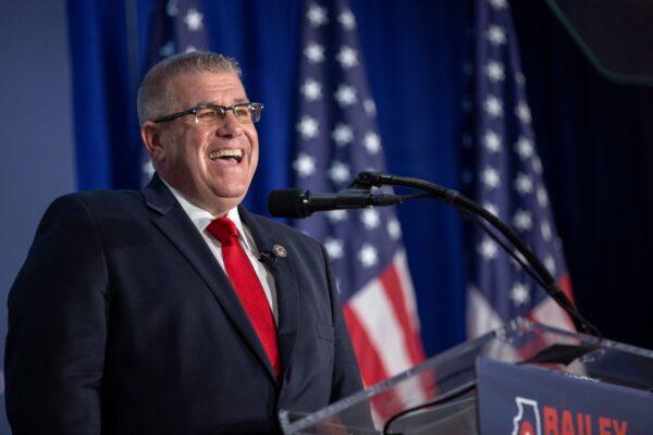 Republican gubernatorial candidate state Sen. Darren Bailey speaks at an election-night party on June 28, 2022, in Effingham, Ill. Donald Trump-endorsed Bailey beat out a field of six candidates for the nomination. (Jim Vondruska/Getty Images)