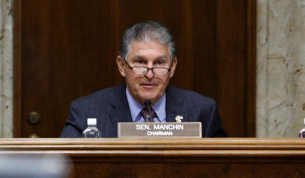 Sen. Joe Manchin (D-W.Va.) speaks in a hearing at the Dirksen Senate Office Building in Washington on July 19, 2022. (Anna Moneymaker/Getty Images)