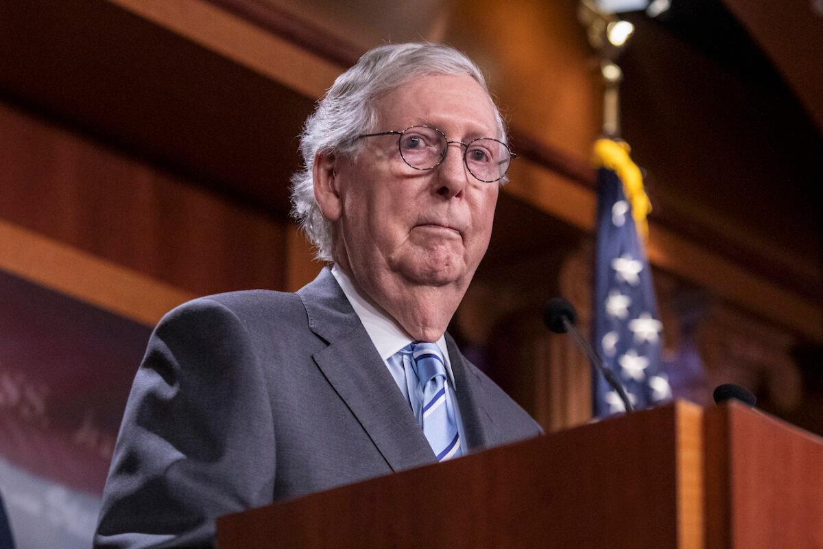 Senate Minority Leader Mitch McConnell (R-Ky.) at a press conference at the U.S. Capitol in Washington on July 26, 2022. (Anna Rose Layden/Getty Images)