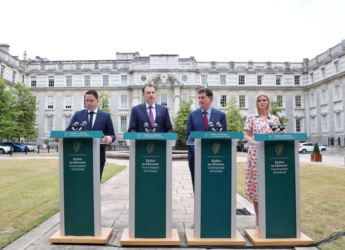 Handout photo issued by the government of Ireland of (L-R) Minister Martin Heydon, Charlie McConalogue, Minister Eamon Ryan, and Minister Pippa Hackett speaking about reducing greenhouse gas emissions at a press conference at government Buildings in Dublin on July 28, 2022. (Government of Ireland handout via PA Media)