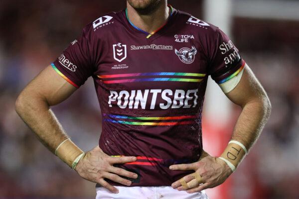 The Manly Sea Eagles rainbow pride jersey is seen on a player during the round 20 NRL match between the Manly Sea Eagles and the Sydney Roosters at 4 Pines Park in Sydney, Australia, on July 28, 2022. (Cameron Spencer/Getty Images)