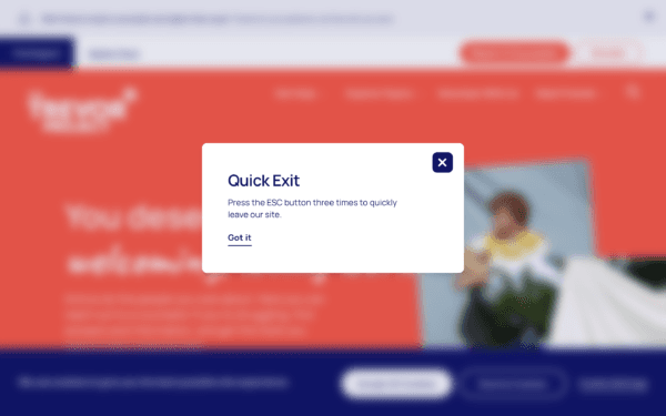 The Trevor Project, a pro-LGBT website listed by the CDC, has a "quick escape" button on its pages so teens can quickly hide it. Screenshot was taken on July 29, 2022. (Jackson Elliott/The Epoch Times)