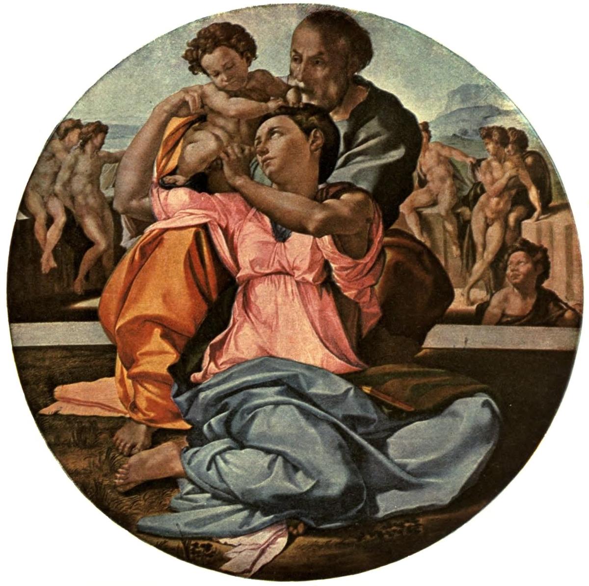Michelangelo Buonarroti: THE HOLY FAMILY (Florence: Uffizi, 1239. Panel)