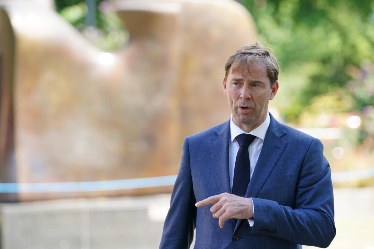 Defence Committee Chair Tobias Ellwood speaking to the media on College Green outside the Houses of Parlliament, London, on July 7, 2022. (Dominic Lipinski/PA Media)