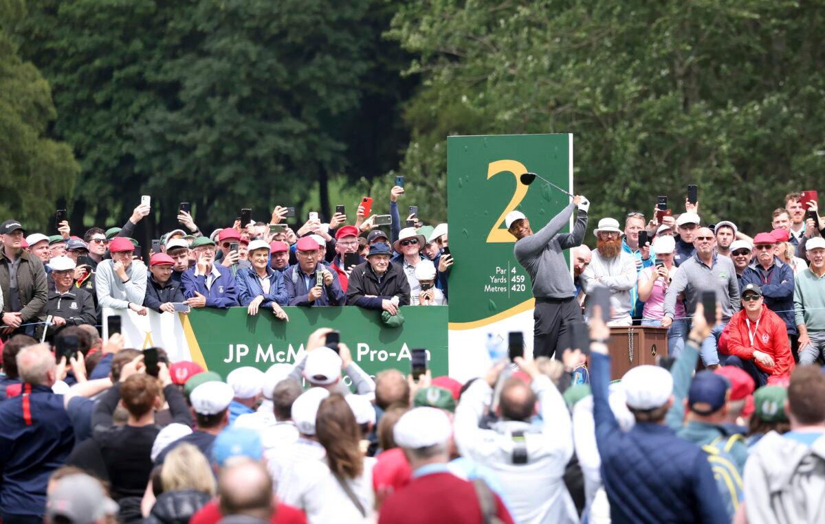 U.S golfer Tiger Woods tees off on the 2nd hole during the JP McManus Pro-Am at Adare Manor, Ireland, on July, 5, 2022. (Peter Morrison/AP Photo)