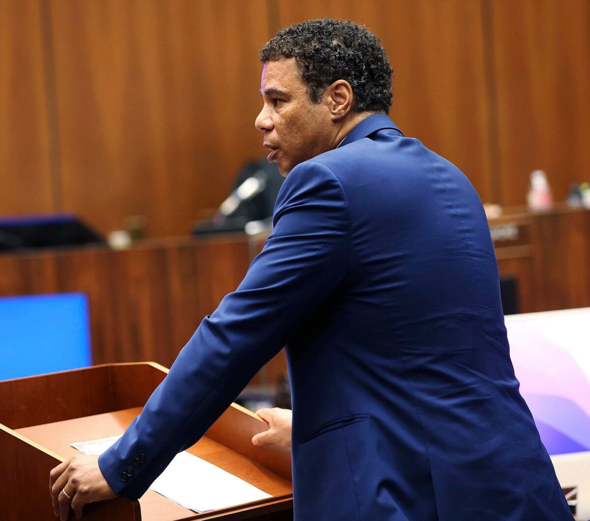 Defense attorney Aaron Jenson speaks during opening statement during Eric Holder murder trial at Los Angeles Superior Court in Los Angeles on June 15, 2022. (Frederick M. Brown/Daily Mail.com via AP, Pool)