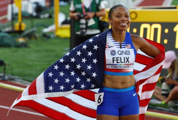 America's Allyson Felix reacts after winning bronze in the 4x400m Mixed Relay Final during the World Athletics Championships Oregon 22 at Hayward Field in Eugene, Ore., on July 15, 2022. (Brian Snyder/Reuters)