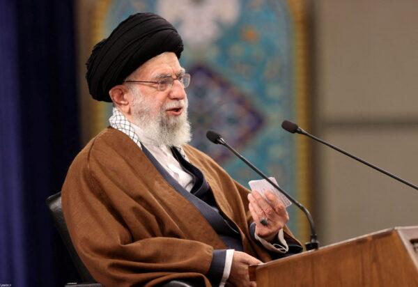 Iranian Supreme Leader Ayatollah Ali Khamenei speaks during a meeting in Tehran, Iran, on Feb. 17, 2022. (Office of the Iranian Supreme Leader/WANA/Handout via Reuters)