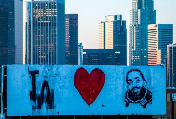A mural along U.S. Highway 101 for Nipsey Hussle before his memorial at the Staples Center in Los Angeles, April 11, 2019. (Kyle Grillot/AFP via Getty Images)