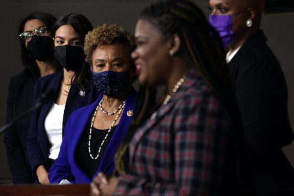 (L-R) U.S. Rep. Rashida Tlaib (D-Mich.), Rep. Alexandria Ocasio-Cortez (D-N.Y.), Rep. Barbara Lee (D-Ca.), Rep. Cori Bush (D-Mo.) and Rep. Ayanna Pressley (D-MA) participate in a news conference at the U.S. Capitol in Washington, DC, on Dec. 8, 2021. (Alex Wong/Getty Images)