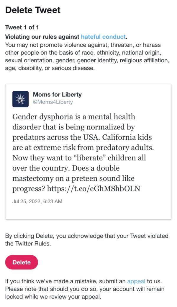 Parental rights group Moms for Liberty is still locked out of its Twitter account as of July 30 over a tweet condemning controversial proposed legislation that would make California a transgender sanctuary state. (Courtesy of Tiffany Justice)