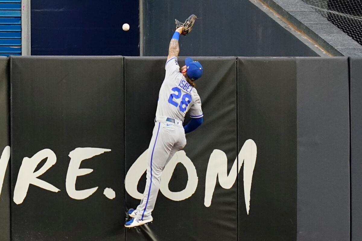 Kansas City Royals right fielder Kyle Isbel (28) leaps for a ball hit by New York Yankees' Anthony Rizzo for a home run during the first inning of a baseball game in New York on July 29, 2022. (Frank Franklin II/AP Photo)