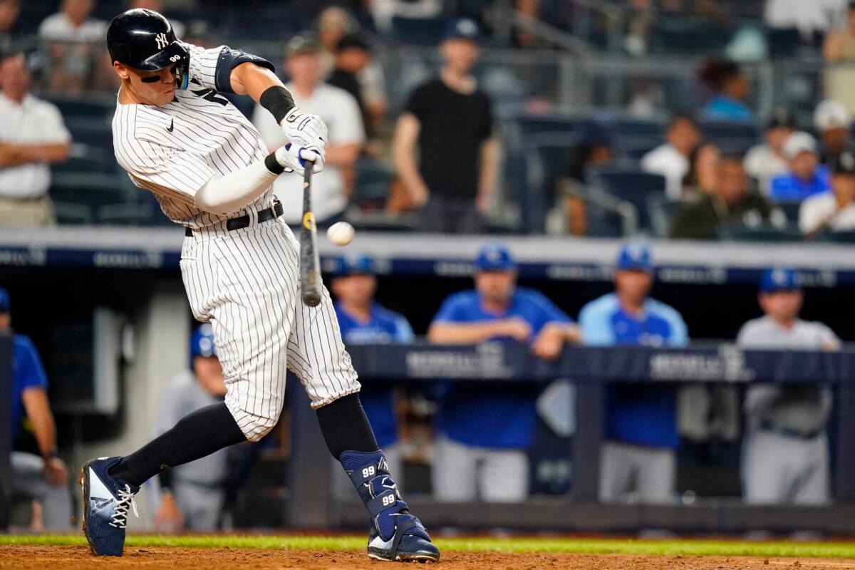 New York Yankees' Aaron Judge hits a grand slam during the eighth inning of a baseball game against the Kansas City Royals in New York on July 29, 2022. (Frank Franklin II/AP Photo)