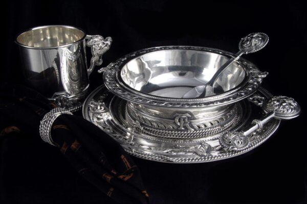 Western child’s table set, 2013, by Scott Hardy. Sterling silver with sterling silver decorative overlays. (Leslie Hardy)