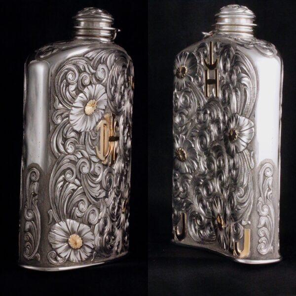 Custom flask (13 oz.), 2016, by Scott Hardy. Sterling silver with sterling silver overlays and 14-karat gold brands, monogram, and flower centers. (Leslie Hardy)