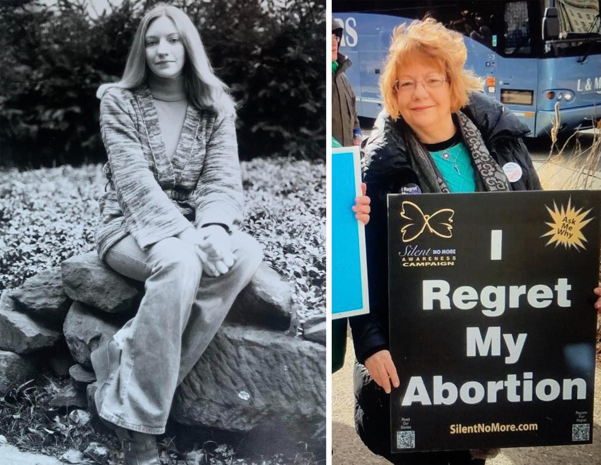 (Left) A photo from Ballor's senior year at Mount Union College in 1976, four years after her abortion; (Right) Ballor in the March for Life in Washington D.C. in 2017. (Courtesy of Christine Ballor)