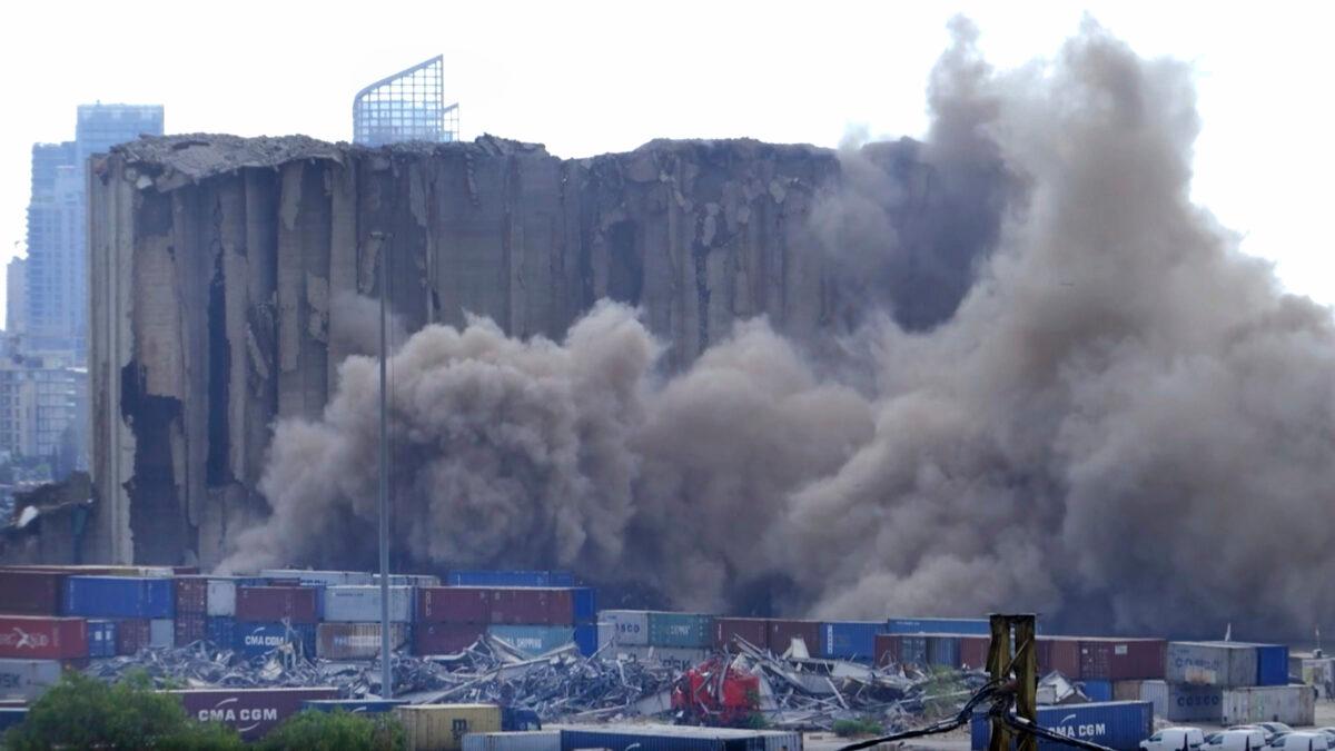 This frame grab from video shows part of the silos collapsing, in the port of Beirut, Lebanon, on July 31, 2022. (AP Photo)