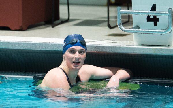 University of Pennsylvania swimmer Lia Thomas, a biological male, looks on after swimming the 500 freestyle during the 2022 Ivy League Womens Swimming and Diving Championships at Blodgett Pool, in Cambridge, Mass., on Feb. 17, 2022. (Kathryn Riley/Getty Images)