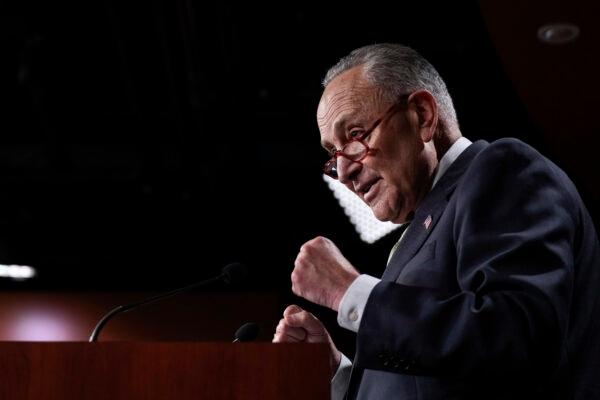 Senate Majority Leader Chuck Schumer (D-N.Y.) speaks to reporters during a news conference at the U.S. Capitol in Washington on July 28, 2022. (Drew Angerer/Getty Images)