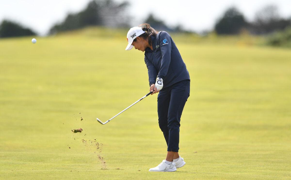 Celine Boutier of France plays her second shot to the 9th hole during the final round of the Trust Golf Women's Scottish Open at Dundonald Links Golf Course in Troon, Scotland, on July 31, 2022. (Mark Runnacles/Getty Images)