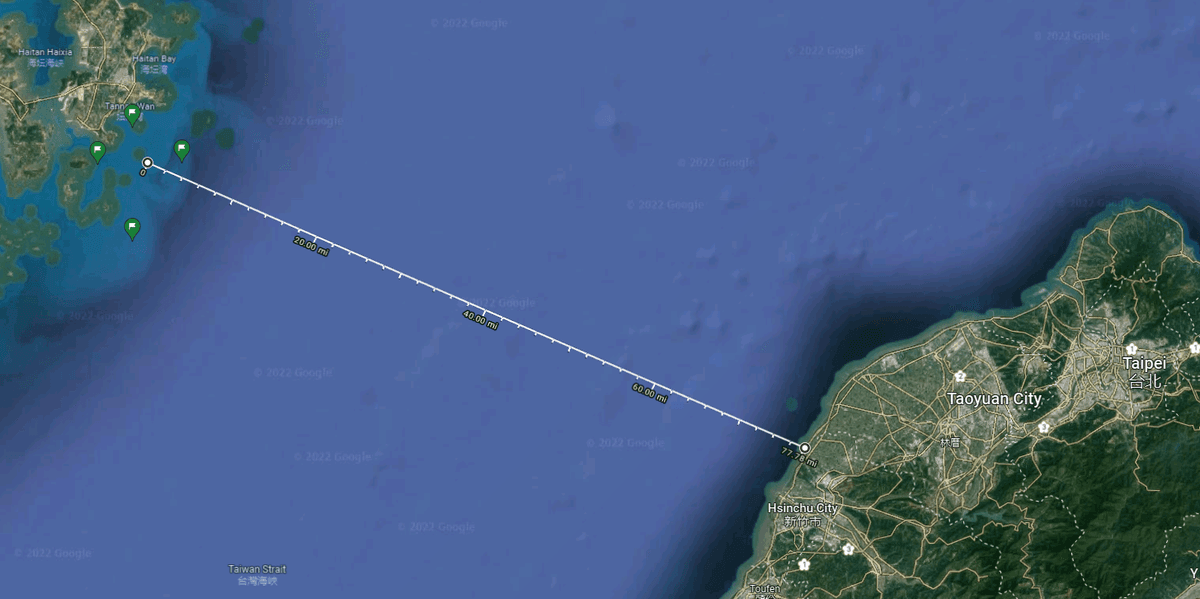 Coordinates for China's planned military exercise near the Taiwan Strait on July 30, 2022. Coordinates' approximate locations are marked by green flags and include: 25°25′27″N 119°48′15″E, 25°21′55″N 119°44′35″E, 25°14′45″N 119°48′17″E, 25°22′10″N 119°53′27″E (Google Maps/Screenshot via The Epoch Times)