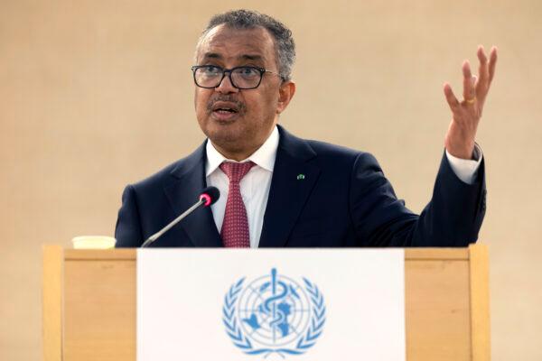 Tedros Adhanom Ghebreyesus, Director General of the World Health Organization (WHO), delivers his speech after his reelection, during the 75th World Health Assembly at the European headquarters of the United Nations in Geneva, Switzerland, on May 24, 2022. (Salvatore Di Nolfi/Keystone via AP)