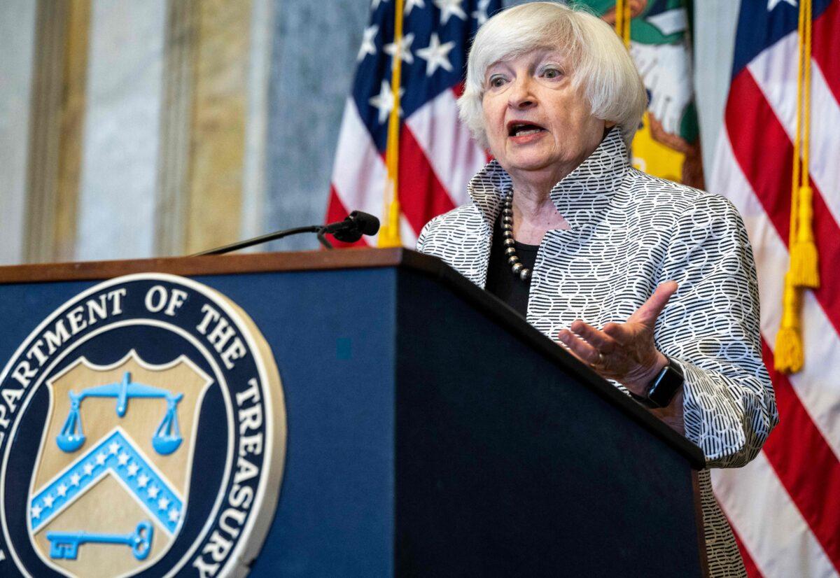 U.S. Treasury Secretary Janet Yellen speaks on the state of the economy during a press conference at the Department of Treasury in Washington on July 28, 2022. (Saul Loeb/AFP via Getty Images)
