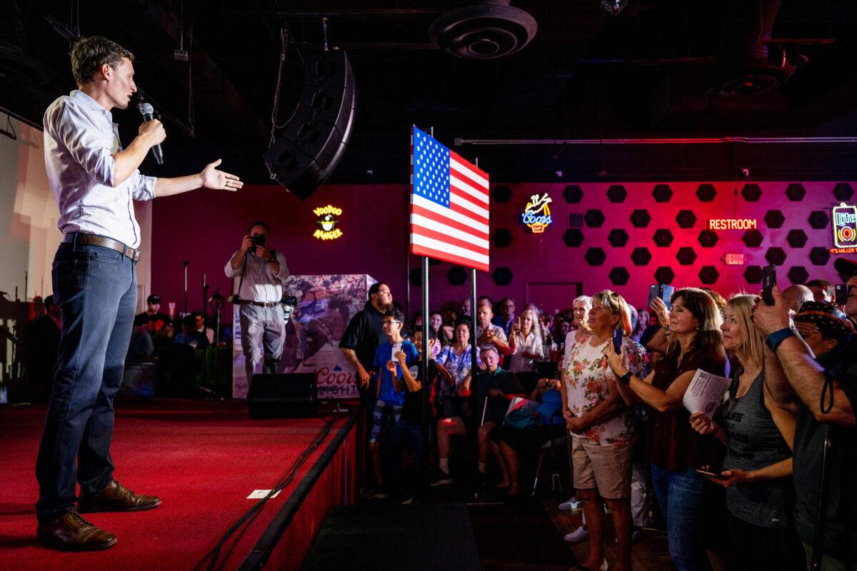 Republican candidate for Senate Blake Masters speaks to supporters during a campaign event at the Whiskey Roads Restaurant & Bar in Tucson, Arizona, on July 31, 2022 (Photo by Brandon Bell/Getty Images)