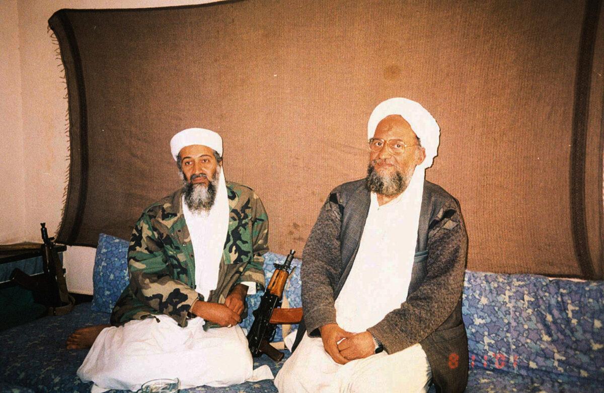 Osama bin Laden (L) sits with his adviser Ayman al-Zawahiri (R), an Egyptian linked to the al-Qaeda terrorist group, during an interview with Pakistani journalist Hamid Mir (not pictured) in an image supplied by Dawn newspaper on Nov. 10, 2001. (Hamid Mir/Editor/Ausaf Newspaper for Daily Dawn/Handout via Reuters)